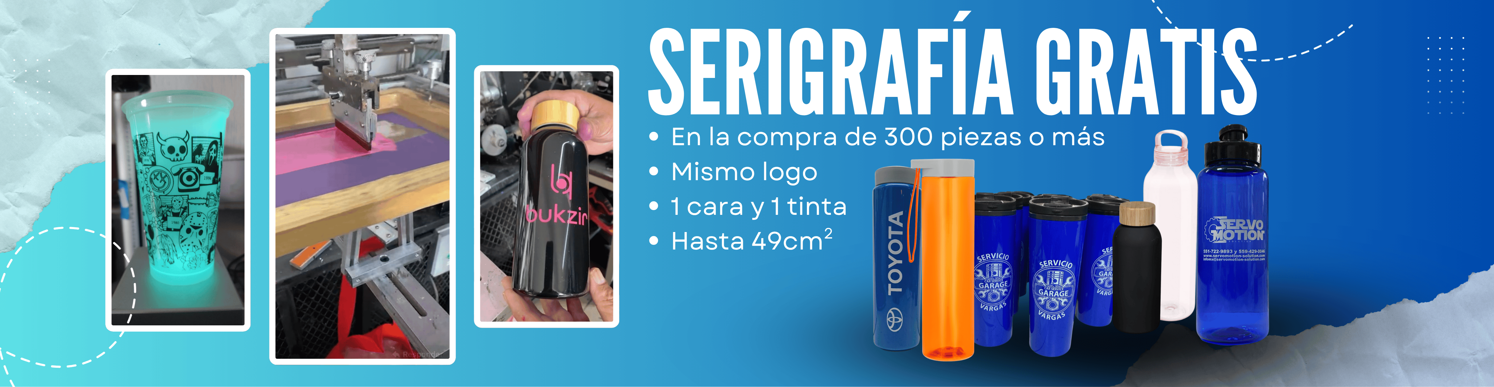 Serigrafía gratis 1 tinta mismo logo a partir de 300 pzas.