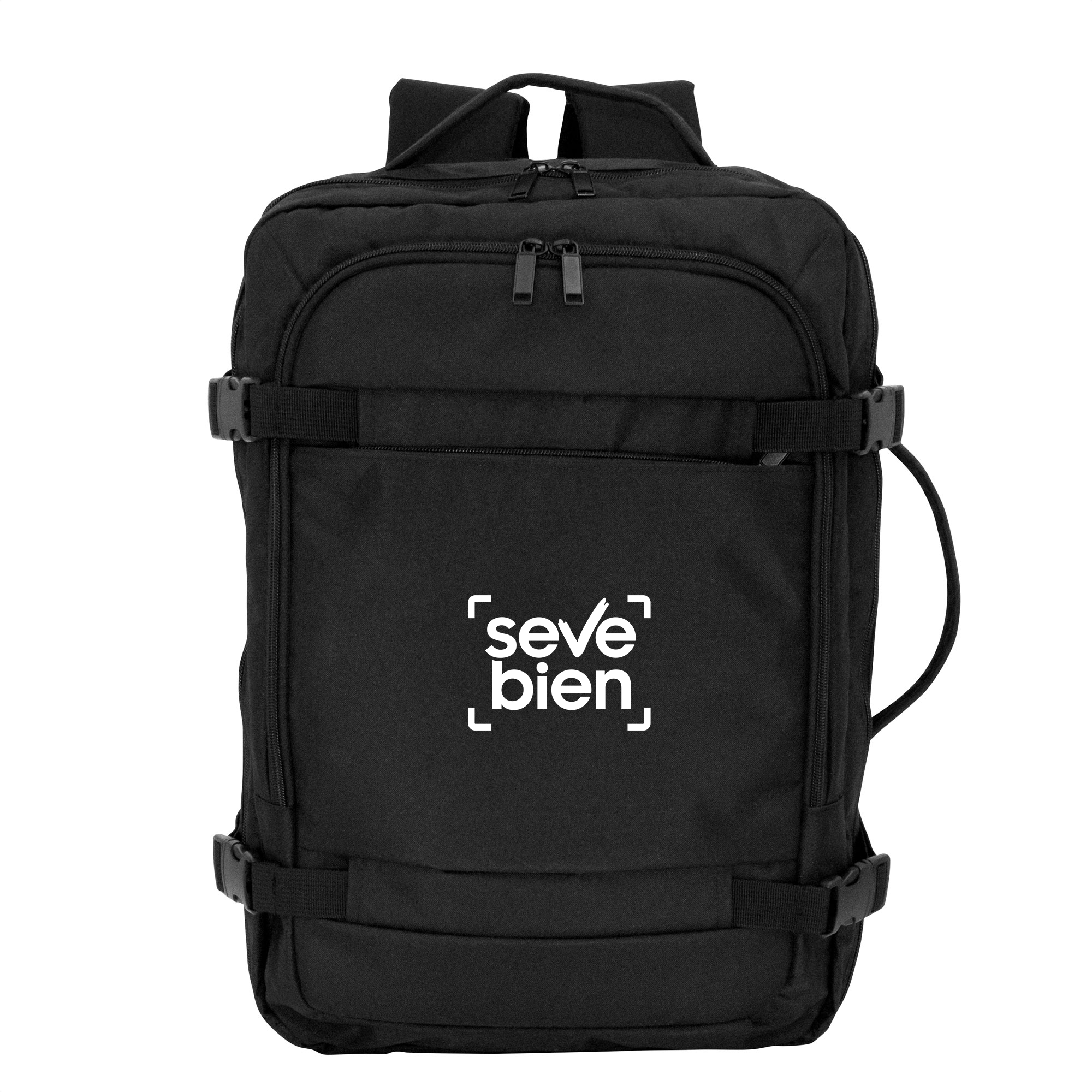 Mochila promocional negra de viaje con gran capaci