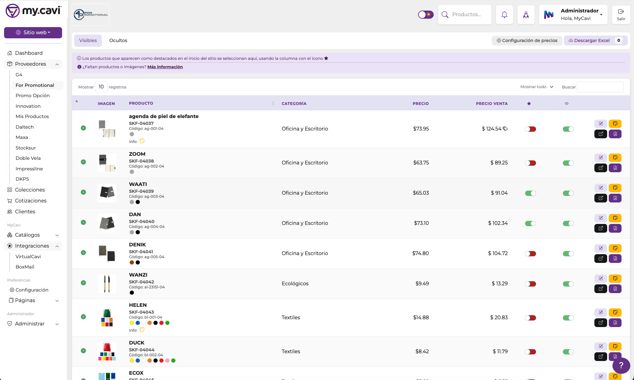 Catálogo de productos en MyCavi